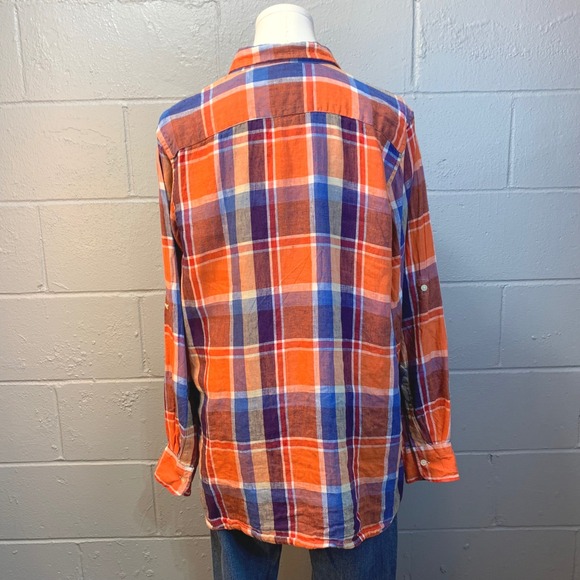 Lauren Ralph Lauren Plaid Linen Roll-Tab Sleeve Button Up Blouse Women's Large - Picture 6 of 9